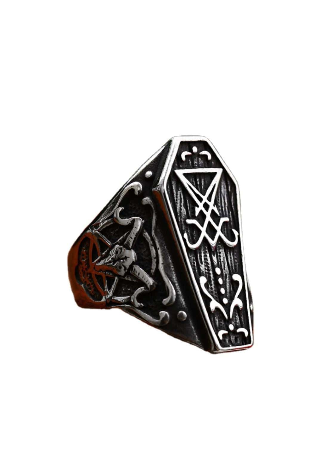 Gothic silberner sigil coffin ring mit pentagramm und schädeldesign für horror fans